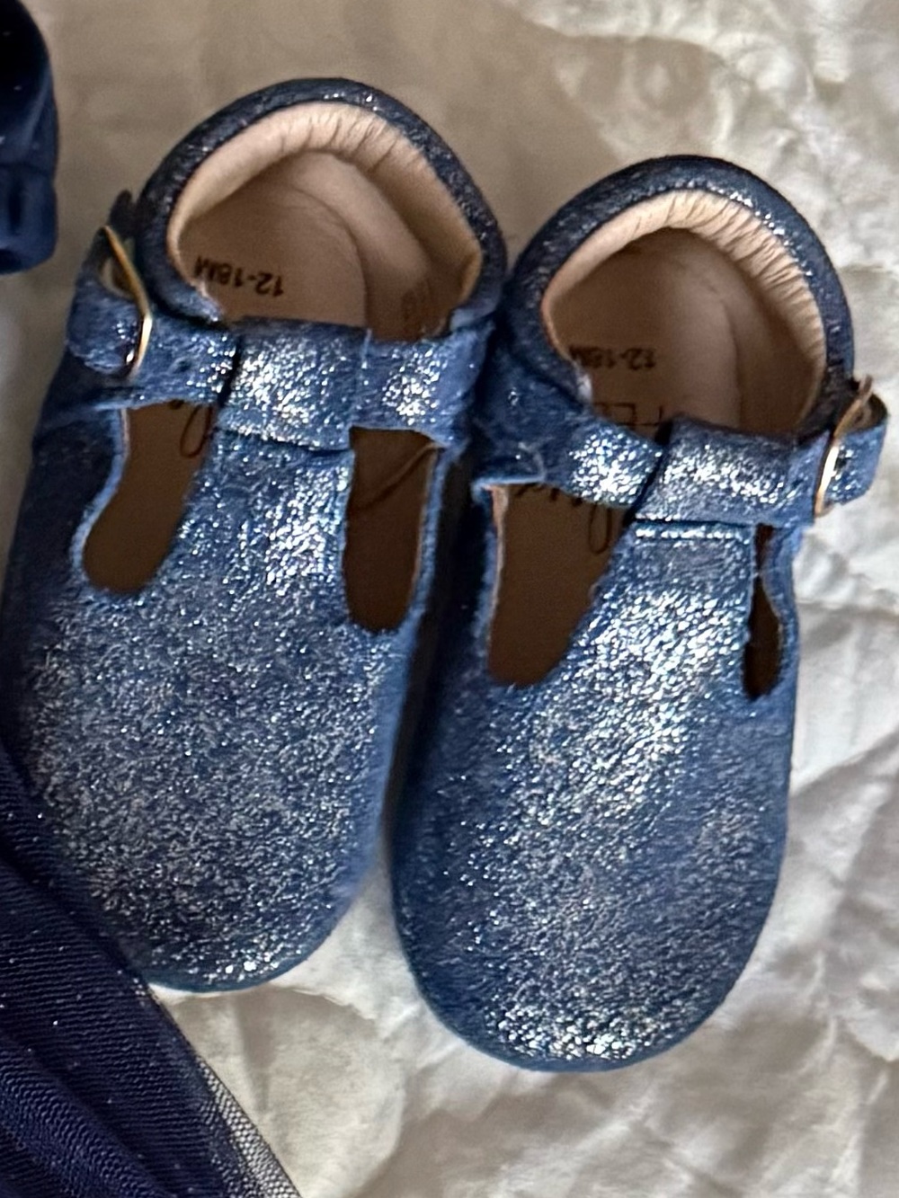 Monkey Feet Blue Glitter T‑Strap Kids Dress Shoes